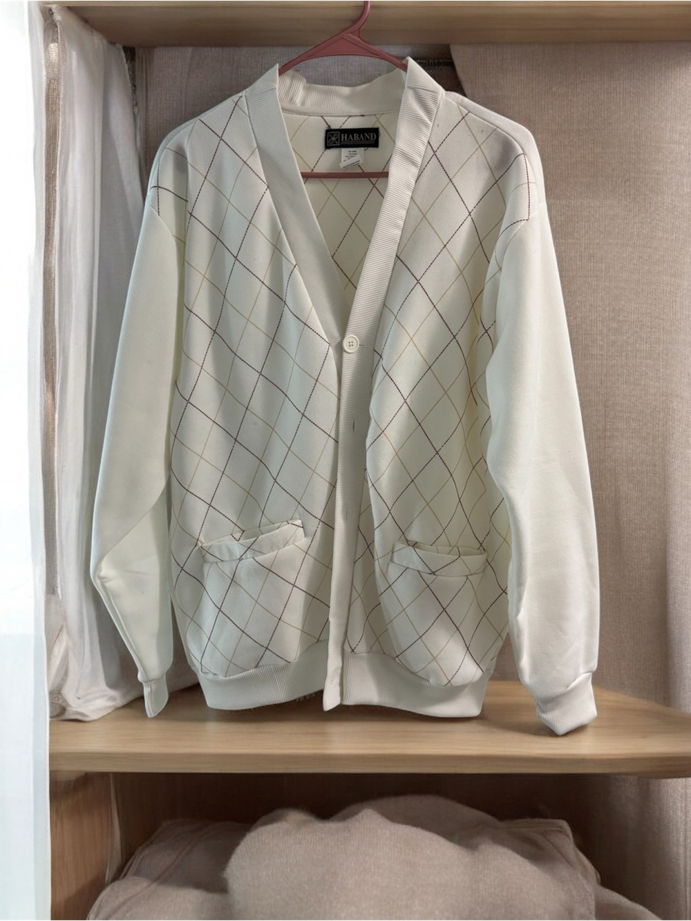 Haband Cream Cardigan with Tan and Brown Argyle Stitching